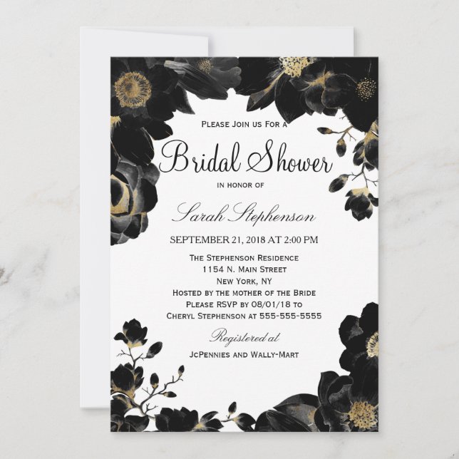 Golden Accented Black Floral Bridal Shower Invites (Front)