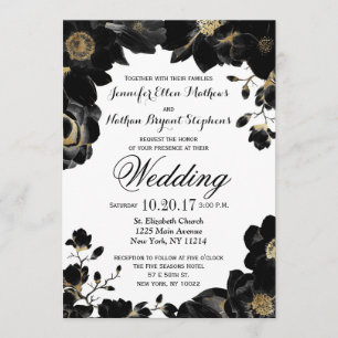Golden Accented Black Floral Wedding Invitations