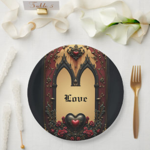 Golden accents, red roses, and a heart: paper plate