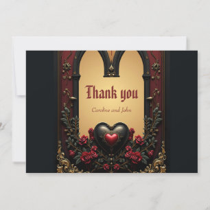 Golden accents, red roses, and a heart thank you card