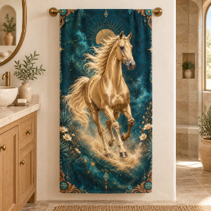 Golden Akhal-Teke Horse Teal Western Art Bath Towel