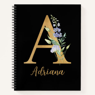 Golden Alphabet A With Flower Personalized Notebook
