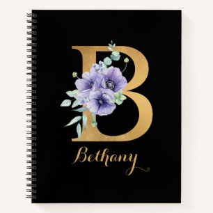 Golden Alphabet B With Flower Personalized Notebook