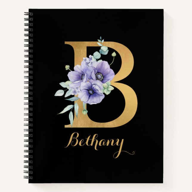 Golden Alphabet B With Flower Personalized Notebook (Front)