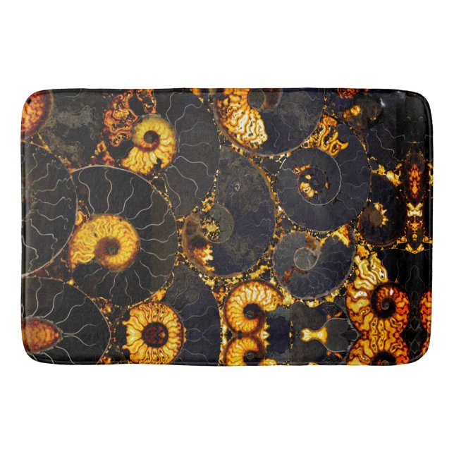 Golden Amber black Nautilus shell pattern, fossil  Bath Mat (Front)