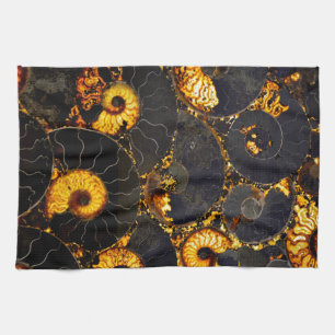 Golden Amber black Nautilus shell pattern, fossil  Kitchen Towel