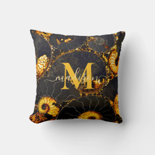 Golden Amber black Nautilus shell pattern, fossil  Throw Pillow