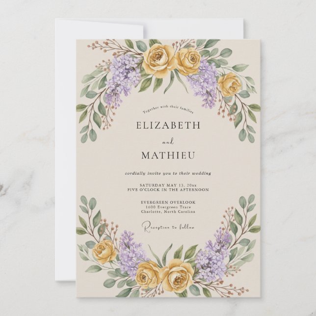 Golden Amethyst Wreath Wedding Invitation (Front)