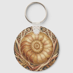 Golden Ammonite Fossil Celtic Frame Ornate Pattern Keychain