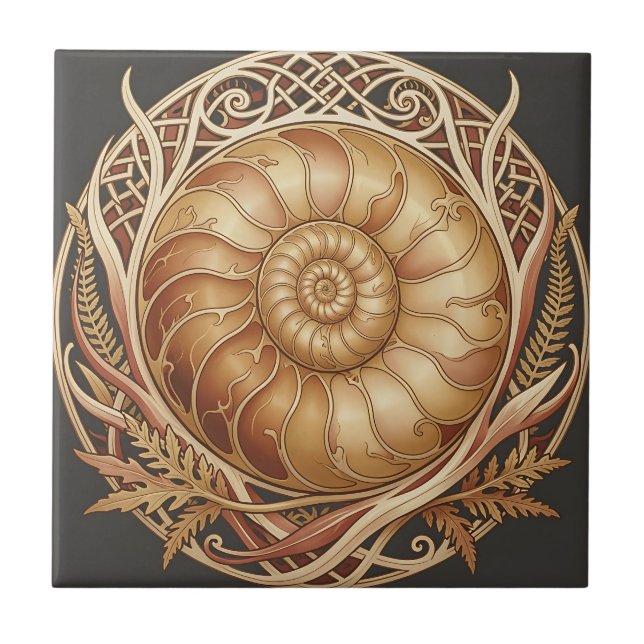 Golden Ammonite Fossil Celtic Frame Ornate Pattern Tile (Front)