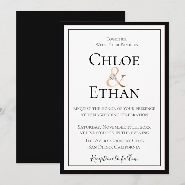 Golden Ampersand Black Wedding Invitation (Front/Back)