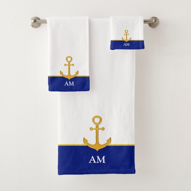 Golden Anchor & Monogram on Blue and White Bath Towel Set (Insitu)