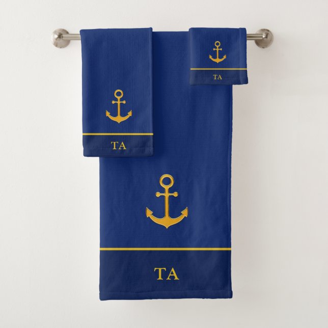 Golden Anchor & Monogram on Navy Blue Bath Towel Set (Insitu)