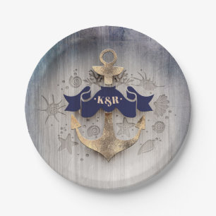 Golden Anchor Nautical Coastal Wedding Paper Plate