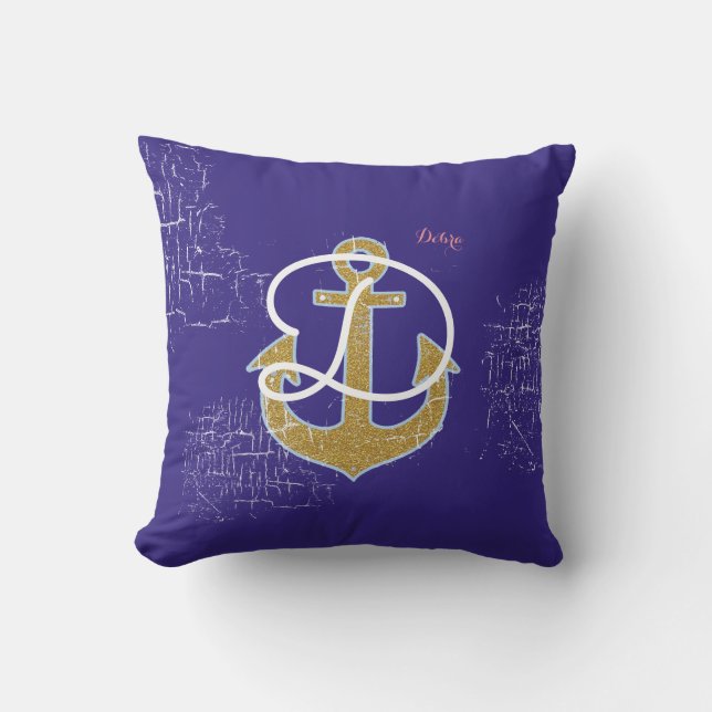 golden anchor on blue personalized nautical outdoor pillow (Front)