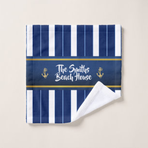 Golden Anchor on Blue Stripes Nautical Bath Towel Set