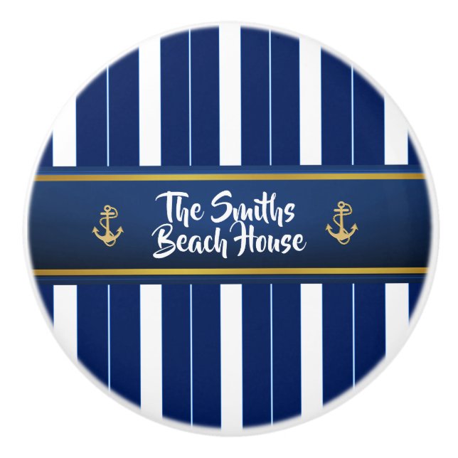 Golden Anchor on Blue Stripes Nautical Ceramic Knob (Front)