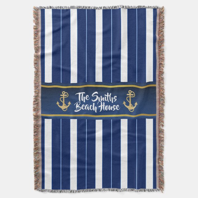 Golden Anchor on Blue Stripes Nautical Throw Blanket (Front Vertical)