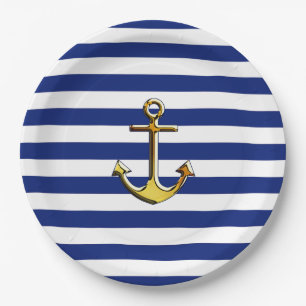 Golden Anchor on Nautical Navy Blue Stripes Print Paper Plate