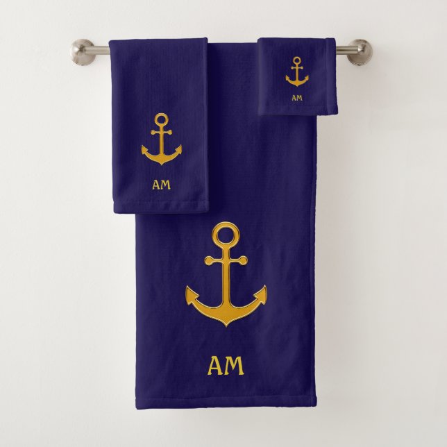 Golden anchor on navy blue bath towel set (Insitu)