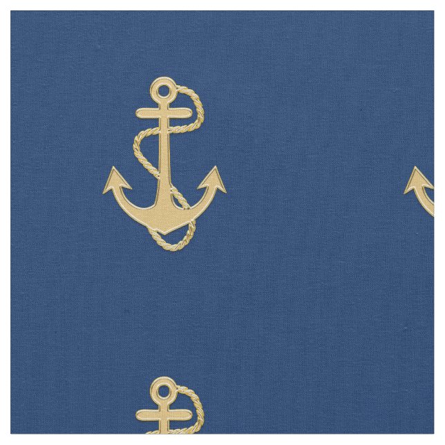 Golden Anchor on Navy Blue Nautical Fabric (Close Up)