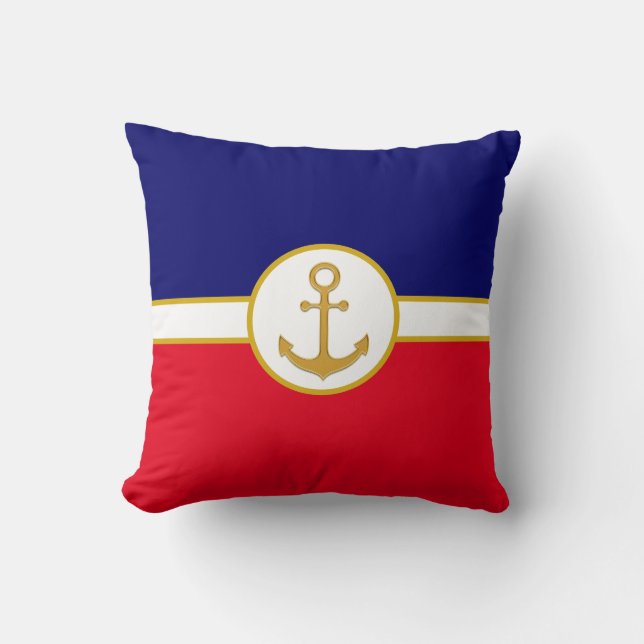 Golden Anchor on Navy Blue, Red & White Throw Pillow (Front)