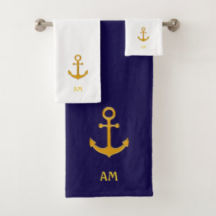 Golden anchor on navy blue & white bath towel set