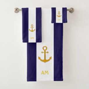 Golden anchor on navy blue & white striped bath towel set