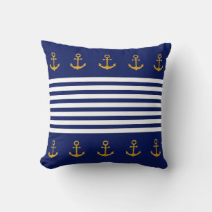 Golden Anchors, Blue & White Stripes on Navy Blue Throw Pillow