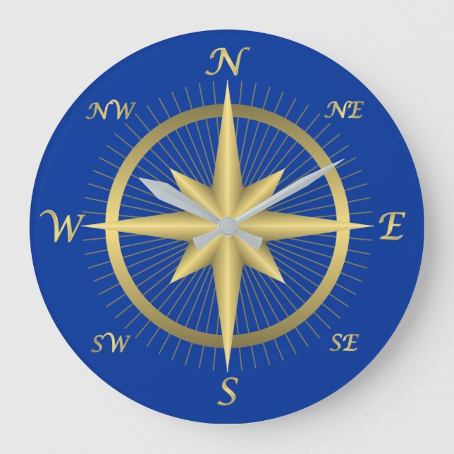 GOLDEN AND BLUE COMPASS ROSE DESIGN LARGE CLOCK (Front)