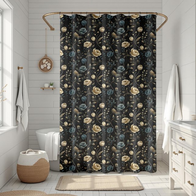 Golden And Blue Ornate Floral Bloom Pattern (Golden And Blue Ornate Floral Bloom Pattern Shower Curtain)