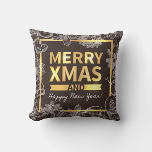 Golden and Chalk Merry Christmas Happy New Year Throw Pillow