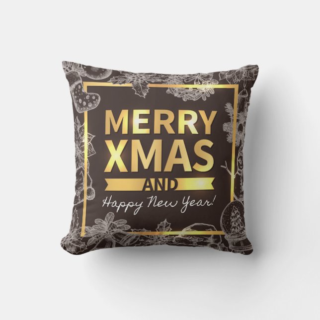 Golden and Chalk Merry Christmas Happy New Year Throw Pillow (Front)