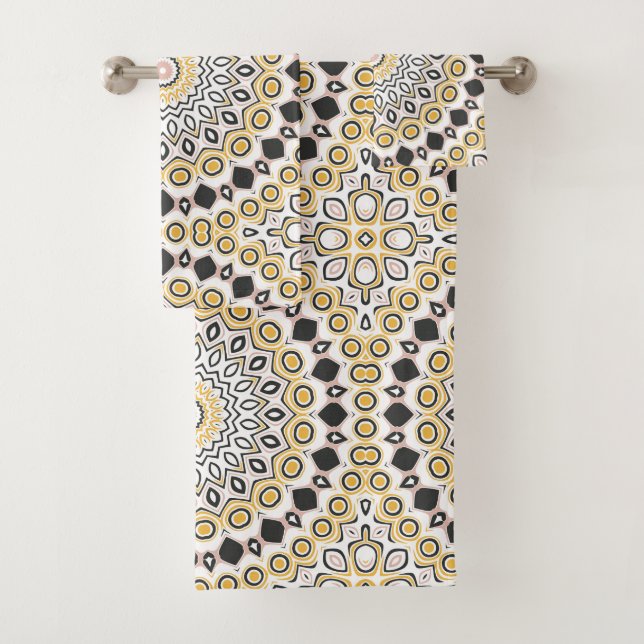 Golden and Charcoal Mandala Pattern Bath Towel Set (Insitu)