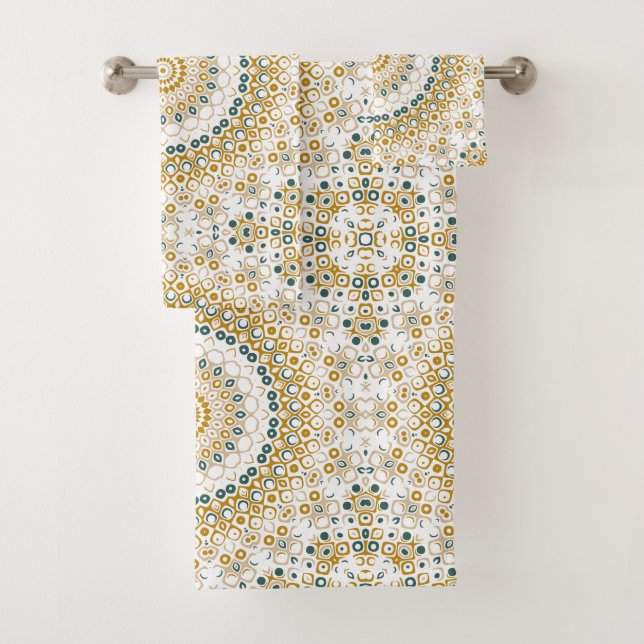 Golden and Green Geometric Mandala Pattern Bath Towel Set (Insitu)