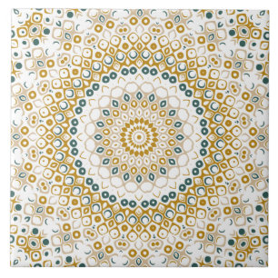 Golden and Green Geometric Mandala Pattern Tile