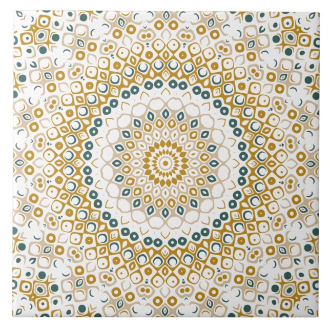 Golden and Green Geometric Mandala Pattern Tile (Front)