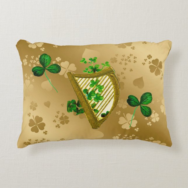 Golden and Green Shamrocks Harp Accent Pillow (Front)