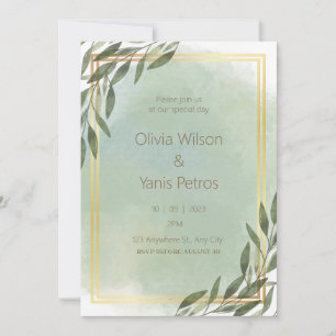 Golden And Green Watercolor Floral Wedding  Invitation