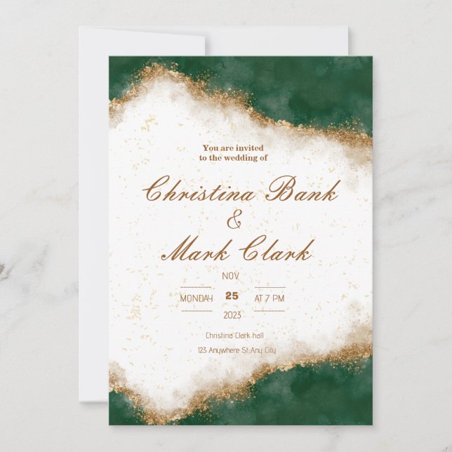 Golden and green wedding invitation (Front)
