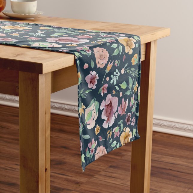 Golden and Mauve Flowers on Dark Blue Short Table Runner (In Situ)