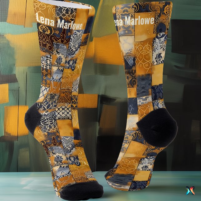 Golden and Navy Tile Patchwork – Custom Artistic Socks (Creator Uploaded)
