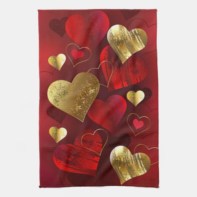 Golden and red valentines kitchen towel (Vertical)