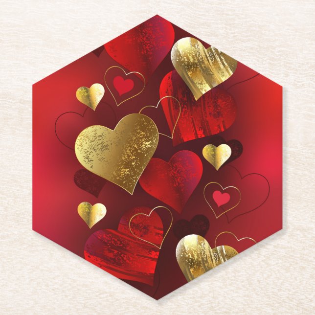 Golden and red valentines paper coaster (Front)
