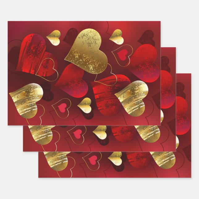 Golden and red valentines wrapping paper sheet (Set)