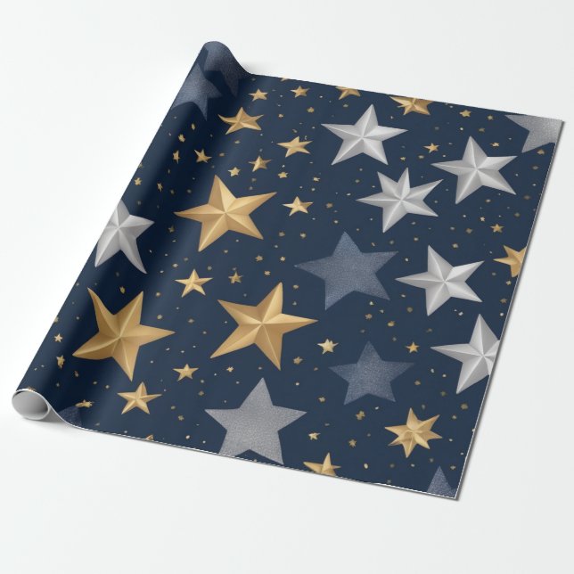 golden and silver stars scattered wrapping paper (Unrolled)