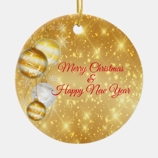 Golden And White Christmas Balls Ceramic Ornament (Front)