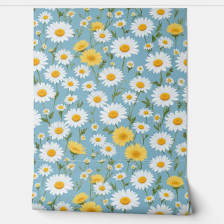 Golden and White Daisies Dancing on a Sky Blue Fie Wallpaper