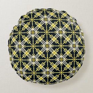 Golden and White Geometric Patterned Design Round Pillow