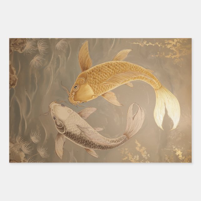 Golden and White Koi Fish Japanese Wrapping Paper  (Front)